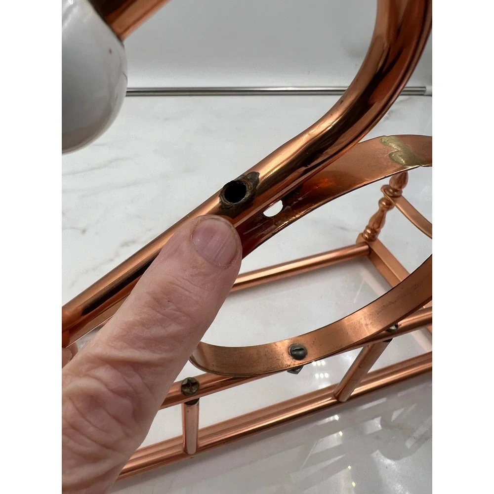 Vintage Copper Metal Wall Rack Towel Holder Scroll Design White Ceramic Finials